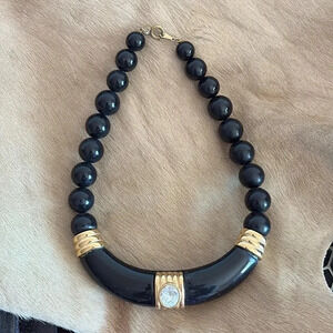 Gorgeous black beaded gold silver vintage necklace